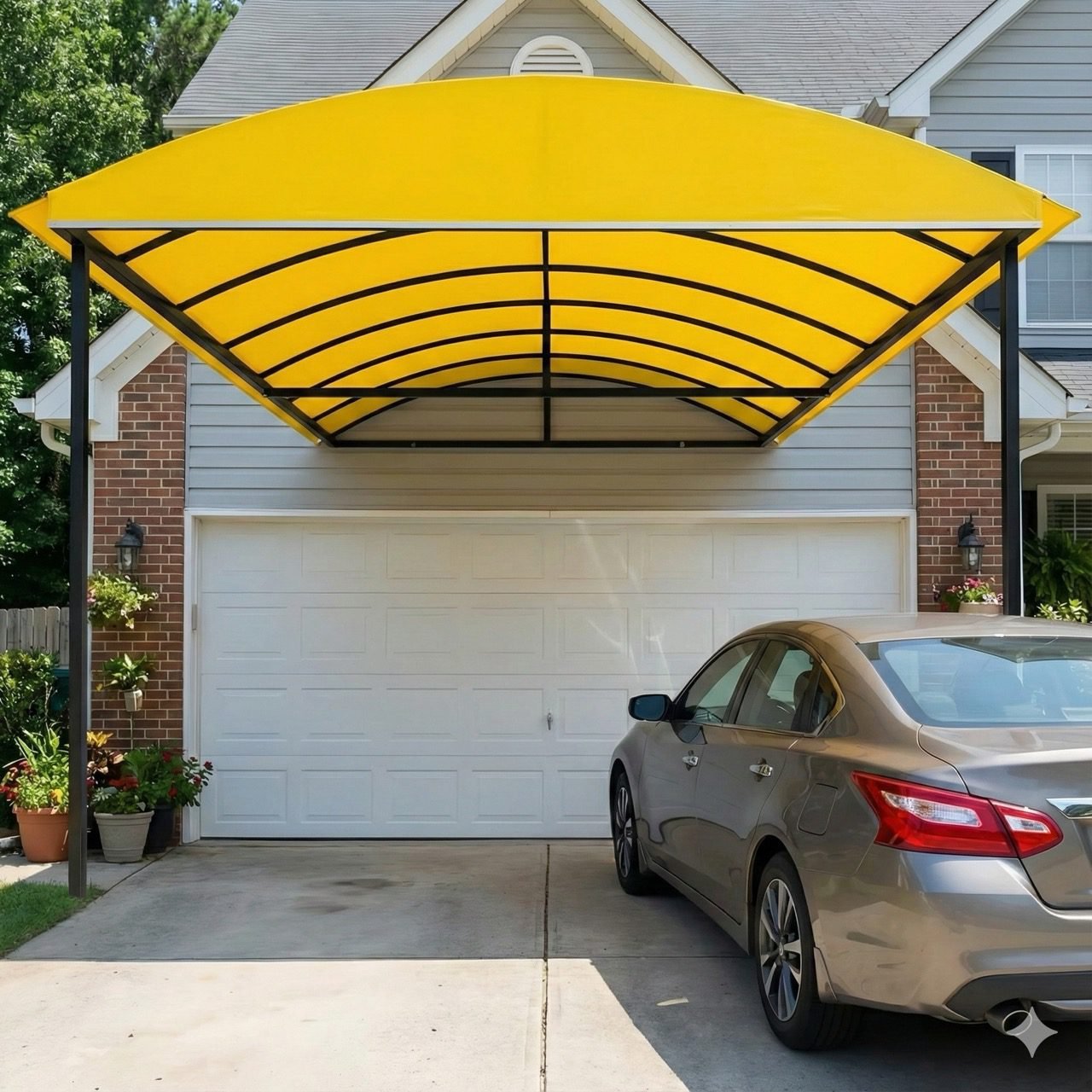 Cobertura de Lona resistente instalada em área externa com proteção contra sol e chuva e estrutura reforçada.