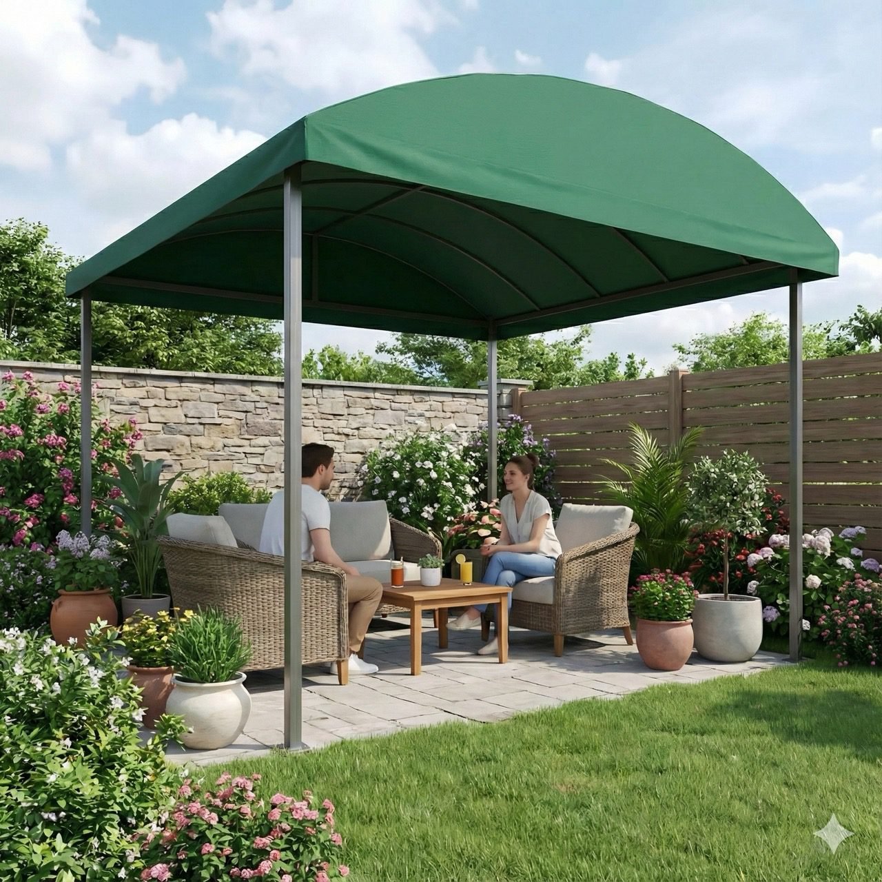 Cobertura de Lona resistente instalada em área externa com proteção contra sol e chuva e estrutura reforçada.