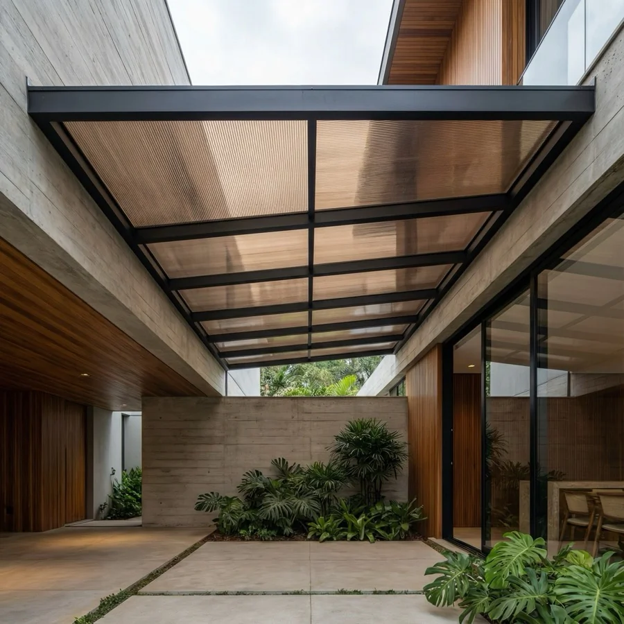 Cobertura de Policarbonato instalada em área externa com proteção UV e estrutura reforçada.