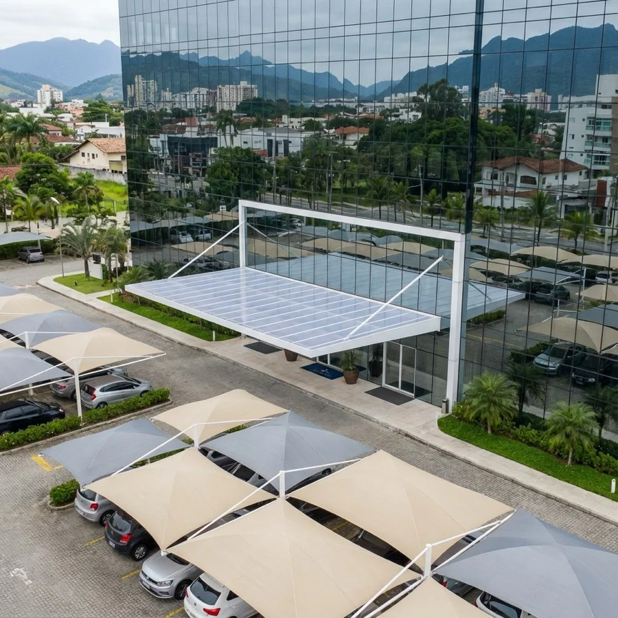 Cobertura de Policarbonato instalada em área externa com proteção UV e estrutura reforçada.
