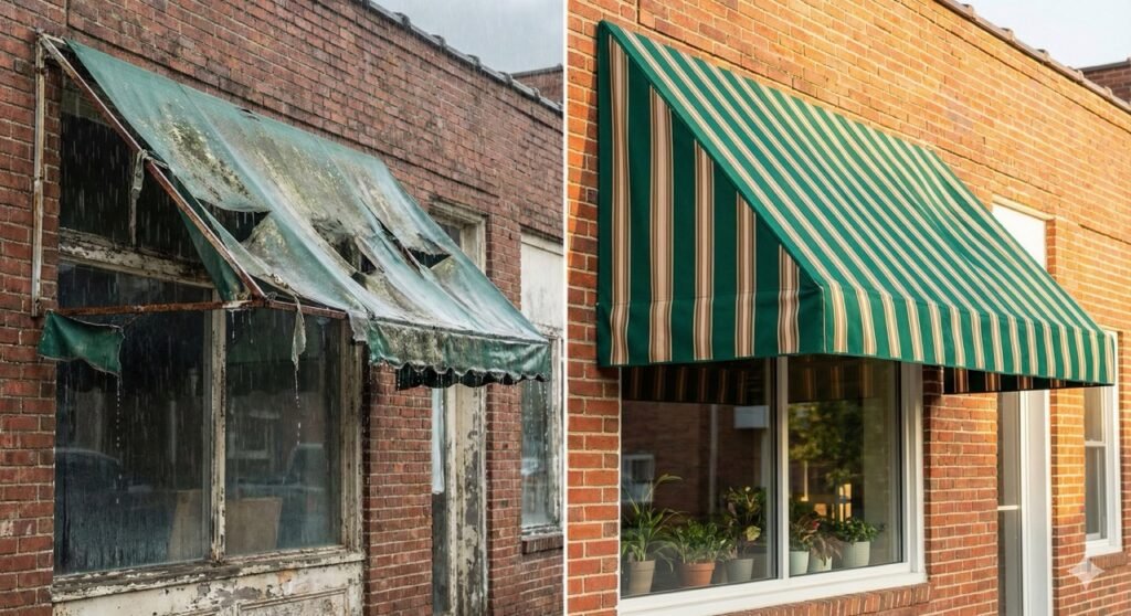 Imagem comparativa dividida verticalmente mostrando o antes e depois de um toldo comercial. No lado esquerdo, um toldo de lona bege antigo, muito sujo, rasgado e com a estrutura enferrujada sob um dia nublado. No lado direito, o mesmo toldo completamente reformado, com lona esticada, limpa, cores vibrantes (listrado ou cor sólida) e estrutura metálica brilhante, sob a luz do sol, valorizando a fachada da loja.