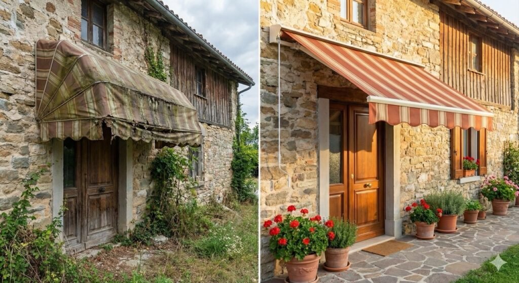 Imagem comparativa dividida verticalmente mostrando o antes e depois de um toldo comercial. No lado esquerdo, um toldo de lona bege antigo, muito sujo, rasgado e com a estrutura enferrujada sob um dia nublado. No lado direito, o mesmo toldo completamente reformado, com lona esticada, limpa, cores vibrantes (listrado ou cor sólida) e estrutura metálica brilhante, sob a luz do sol, valorizando a fachada da loja.