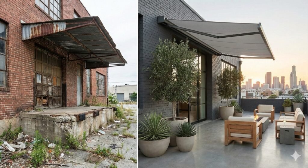 Imagem comparativa dividida verticalmente mostrando o antes e depois de um toldo comercial. No lado esquerdo, um toldo de lona bege antigo, muito sujo, rasgado e com a estrutura enferrujada sob um dia nublado. No lado direito, o mesmo toldo completamente reformado, com lona esticada, limpa, cores vibrantes (listrado ou cor sólida) e estrutura metálica brilhante, sob a luz do sol, valorizando a fachada da loja.