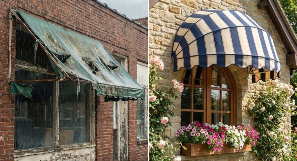 Imagem comparativa dividida verticalmente mostrando o antes e depois de um toldo comercial. No lado esquerdo, um toldo de lona bege antigo, muito sujo, rasgado e com a estrutura enferrujada sob um dia nublado. No lado direito, o mesmo toldo completamente reformado, com lona esticada, limpa, cores vibrantes (listrado ou cor sólida) e estrutura metálica brilhante, sob a luz do sol, valorizando a fachada da loja.