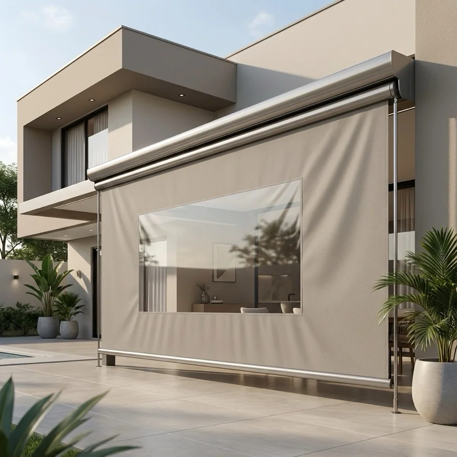 Toldo Cortina vertical instalado em área externa para proteção contra vento, sol e chuva.