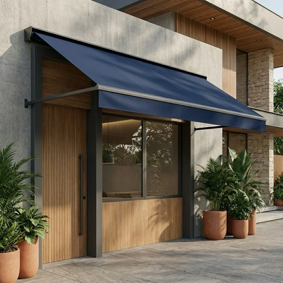 Toldo de Lona instalado em área externa com lona reforçada para proteção contra sol e chuva.