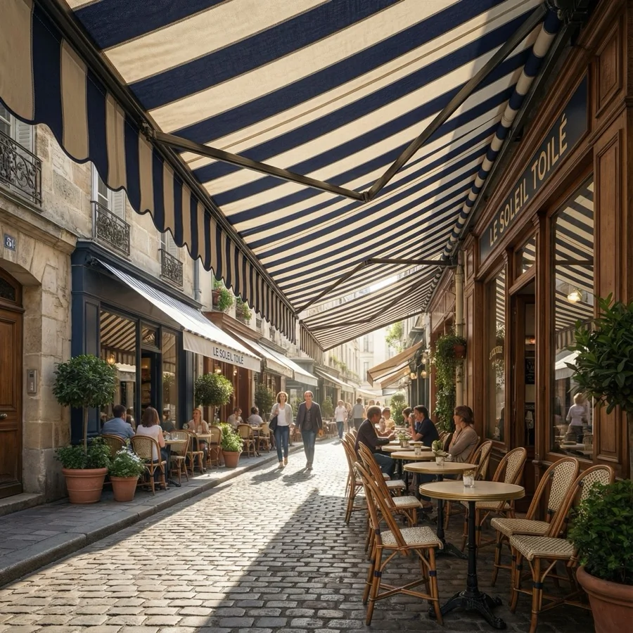Toldo de Lona instalado em área externa com lona reforçada para proteção contra sol e chuva.