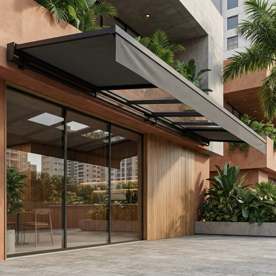 Toldo de Lona instalado em área externa com lona reforçada para proteção contra sol e chuva.