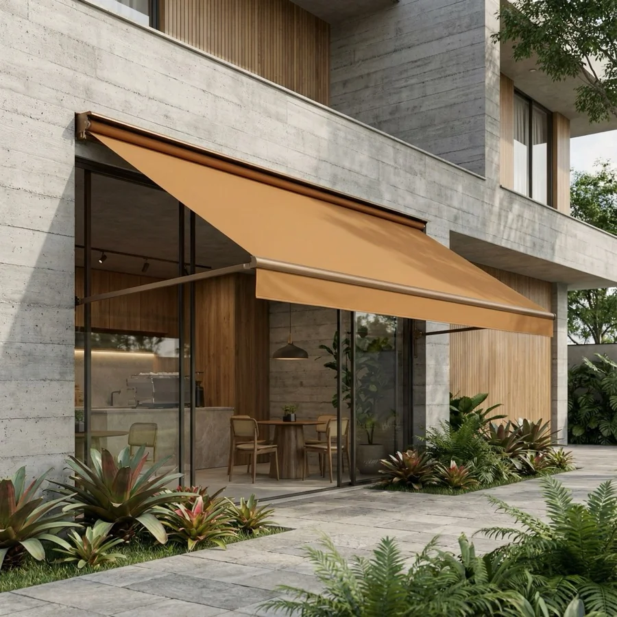 Toldo de Lona instalado em área externa com lona reforçada para proteção contra sol e chuva.