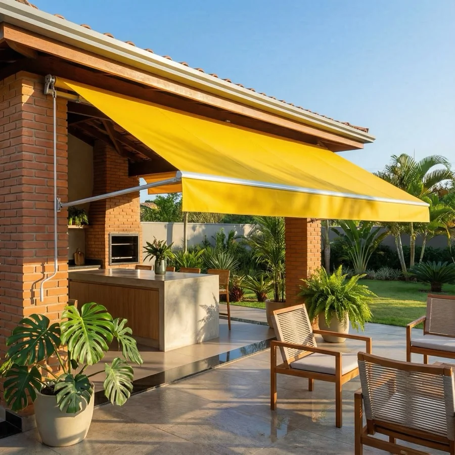 Toldo de Lona instalado em área externa com lona reforçada para proteção contra sol e chuva.