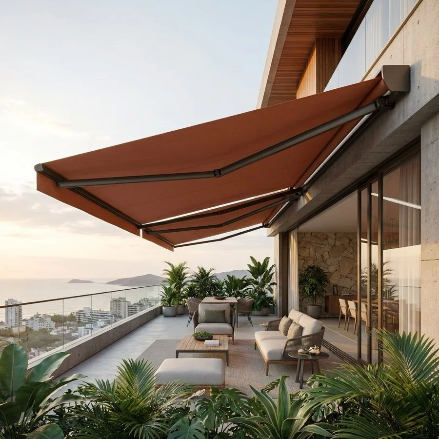 Toldo de Lona instalado em área externa com lona reforçada para proteção contra sol e chuva.